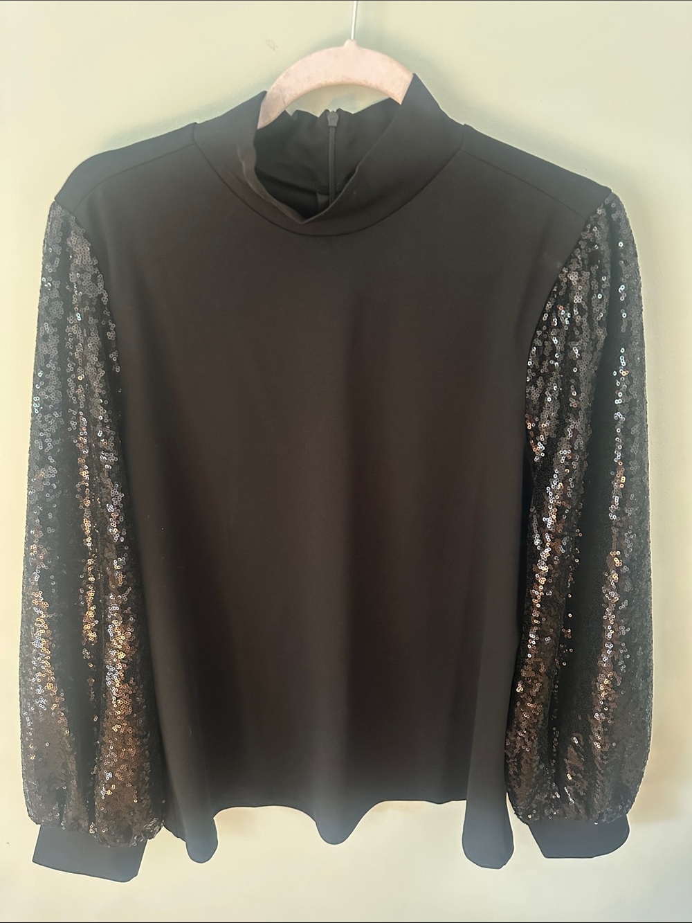 DG2 by Diane Gilman Black Mock Neck Top with Sequin Long Sleeves